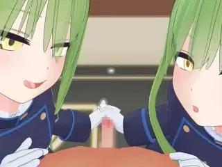 シュポ姉妹による乳首責め手コキ